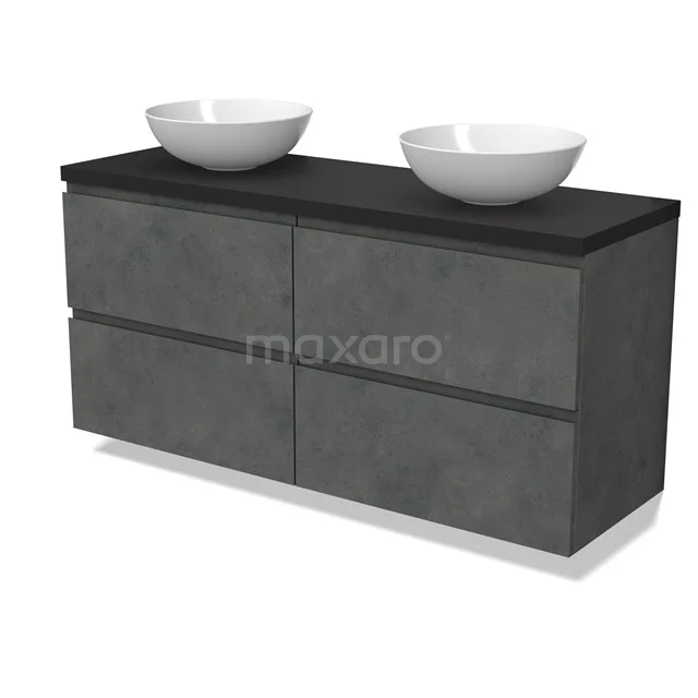 Modulo Plato Badmöbel mit Aufsatzwaschbecken | 140 cm Dunkelgrauer Beton Grifflos front Matt Schwarz blatt 4 Schubladen BMK18-01929