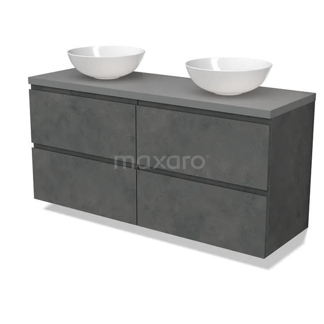 Modulo Plato Badmöbel mit Aufsatzwaschbecken | 140 cm Dunkelgrauer Beton Grifflos front Mittelgrau blatt 4 Schubladen BMK18-01930