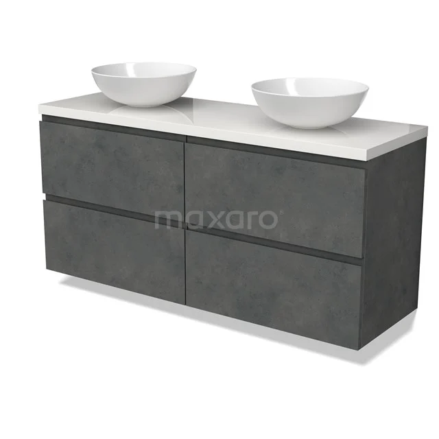 Modulo Plato Badmöbel mit Aufsatzwaschbecken | 140 cm Dunkelgrauer Beton Grifflos front Hochglanz Weiß blatt 4 Schubladen BMK18-01931