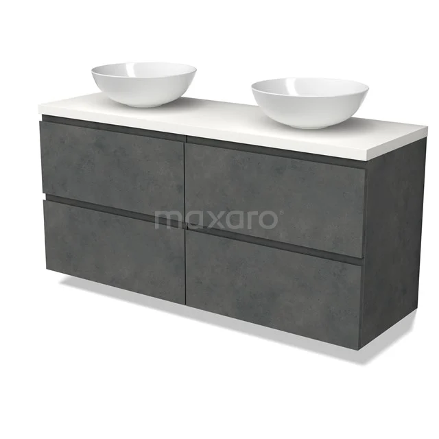 Modulo Plato Badmöbel mit Aufsatzwaschbecken | 140 cm Dunkelgrauer Beton Grifflos front Matt Weiß blatt 4 Schubladen BMK18-01932