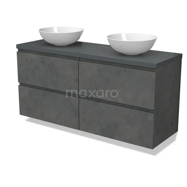 Modulo Plato Badmöbel mit Aufsatzwaschbecken | 140 cm Dunkelgrauer Beton Grifflos front Dunkelgrau blatt 4 Schubladen BMK18-01933