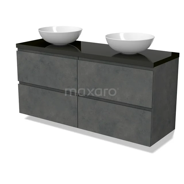 Modulo Plato Vanity units for countertop basin | 140 cm Dark grey concrete Handle-less front High-gloss black worktop 4 drawers BMK18-01934