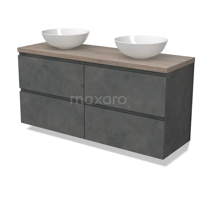 Modulo Plato Vanity units for countertop basin | 140 cm Dark grey concrete Handle-less front Oak worktop 4 drawers BMK18-01935