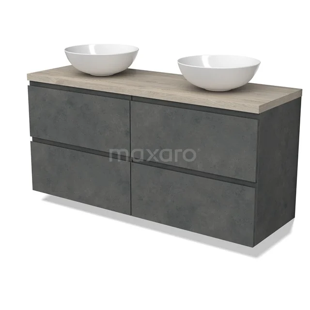 Modulo Plato Badmöbel mit Aufsatzwaschbecken | 140 cm Dunkelgrauer Beton Grifflos front Hellgraue Eiche blatt 4 Schubladen BMK18-01936