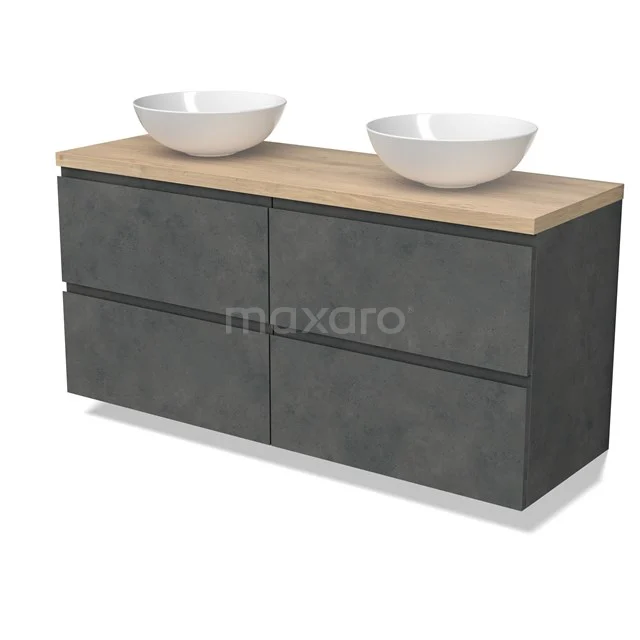 Modulo Plato Badmöbel mit Aufsatzwaschbecken | 140 cm Dunkelgrauer Beton Grifflos front Hellbraune Eiche blatt 4 Schubladen BMK18-01937