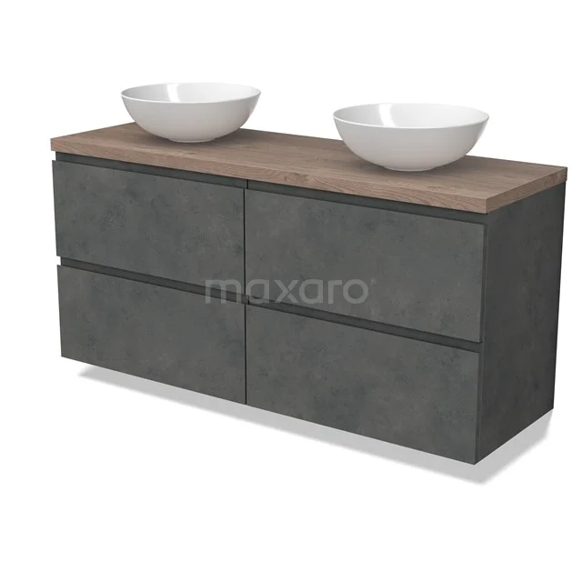 Modulo Plato Badmöbel mit Aufsatzwaschbecken | 140 cm Dunkelgrauer Beton Grifflos front Mittelbraune Eiche blatt 4 Schubladen BMK18-01938