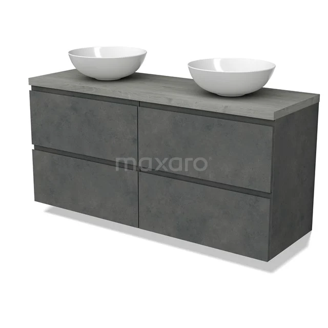 Modulo Plato Vanity units for countertop basin | 140 cm Dark grey concrete Handle-less front Grey oak worktop 4 drawers BMK18-01940