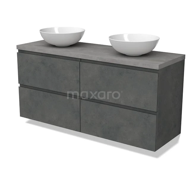 Modulo Plato Badmöbel mit Aufsatzwaschbecken | 140 cm Dunkelgrauer Beton Grifflos front Hellgrauer Beton blatt 4 Schubladen BMK18-01941