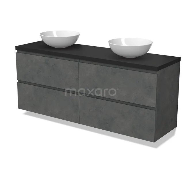 Modulo Plato Badmöbel mit Aufsatzwaschbecken | 160 cm Dunkelgrauer Beton Grifflos front Matt Schwarz blatt 4 Schubladen BMK18-01943