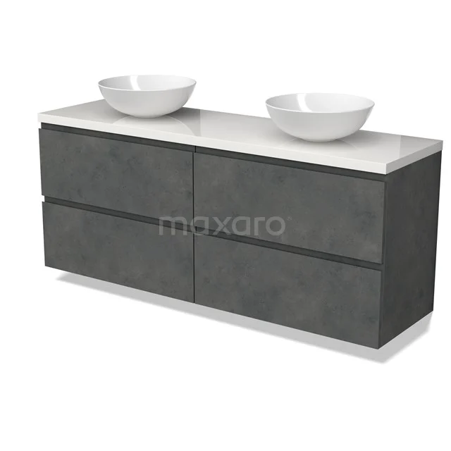 Modulo Plato Badmöbel mit Aufsatzwaschbecken | 160 cm Dunkelgrauer Beton Grifflos front Hochglanz Weiß blatt 4 Schubladen BMK18-01946