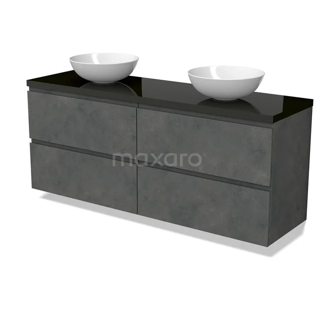 Modulo Plato Vanity units for countertop basin | 160 cm Dark grey concrete Handle-less front High-gloss black worktop 4 drawers BMK18-01949