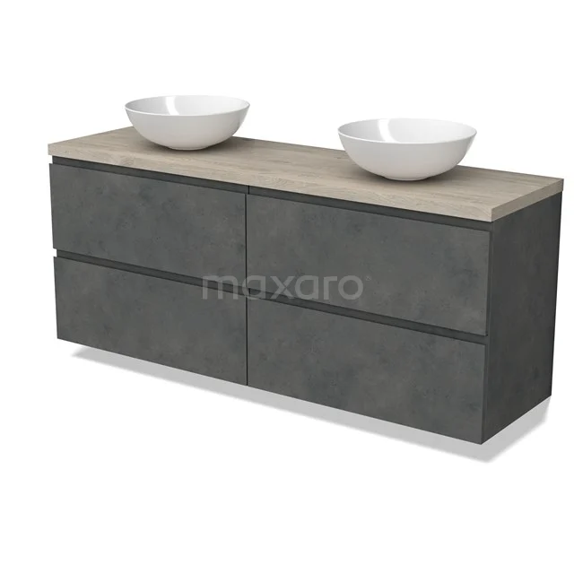 Modulo Plato Vanity units for countertop basin | 160 cm Dark grey concrete Handle-less front Light grey oak worktop 4 drawers BMK18-01953