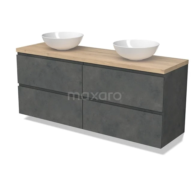 Modulo Plato Badmöbel mit Aufsatzwaschbecken | 160 cm Dunkelgrauer Beton Grifflos front Hellbraune Eiche blatt 4 Schubladen BMK18-01954