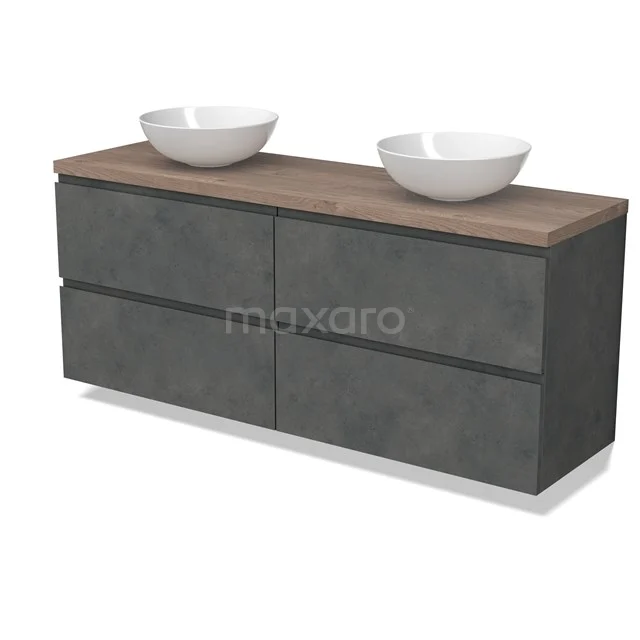 Modulo Plato Vanity units for countertop basin | 160 cm Dark grey concrete Handle-less front Mid brown oak worktop 4 drawers BMK18-01955