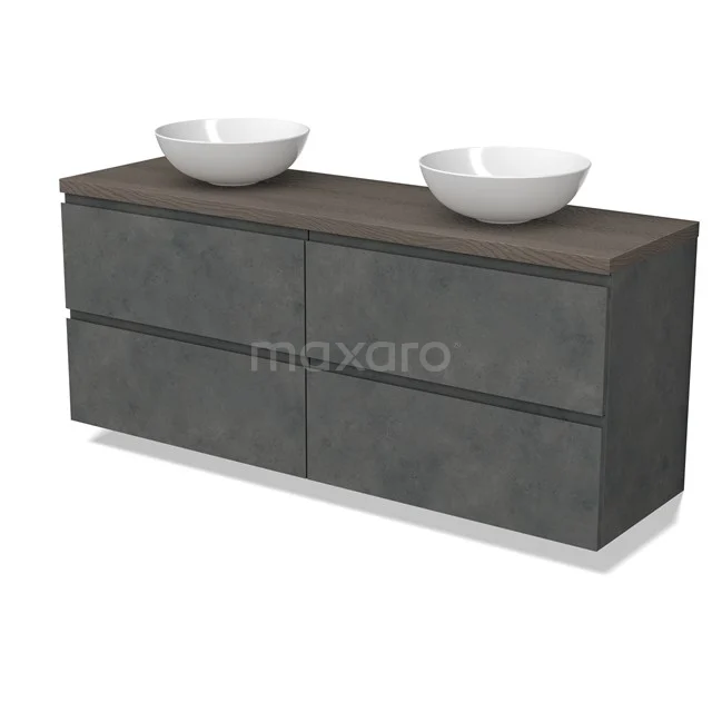 Modulo Plato Badmöbel mit Aufsatzwaschbecken | 160 cm Dunkelgrauer Beton Grifflos front Dunkelbraune Eiche blatt 4 Schubladen BMK18-01956