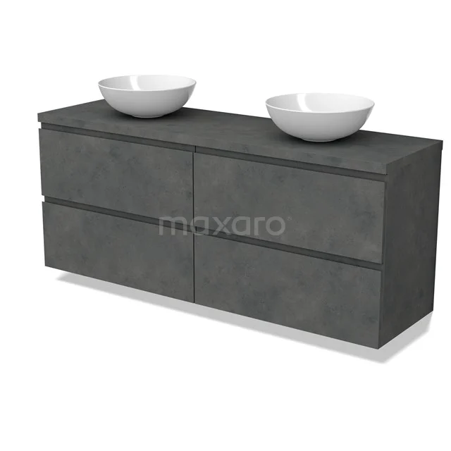 Modulo Plato Badmöbel mit Aufsatzwaschbecken | 160 cm Dunkelgrauer Beton Grifflos front Dunkelgrauer Beton blatt 4 Schubladen BMK18-01959