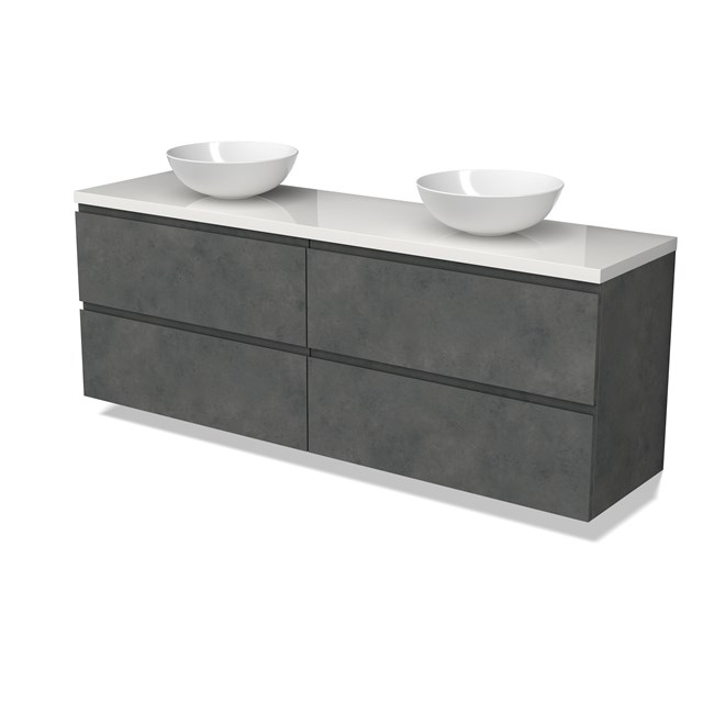 Modulo Plato Badkamermeubel voor waskom | 180 cm Donkergrijs beton Greeploos front Hoogglans wit blad 4 lades BMK18-01961