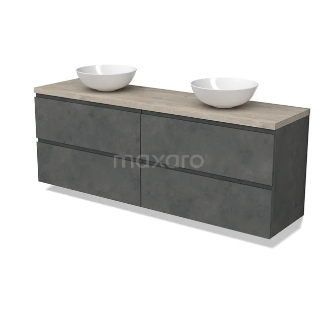 Modulo Plato Vanity units for countertop basin | 180 cm Dark grey concrete Handle-less front Light grey oak worktop 4 drawers BMK18-01964