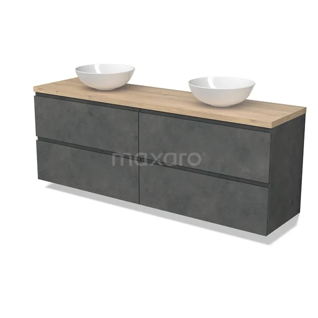 Modulo Plato Vanity units for countertop basin | 200 cm Dark grey concrete Handle-less front Light brown oak worktop 4 drawers BMK18-02005