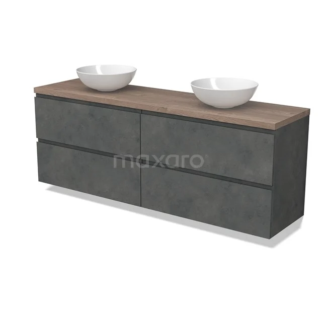 Modulo Plato Vanity units for countertop basin | 180 cm Dark grey concrete Handle-less front Mid brown oak worktop 4 drawers BMK18-01966