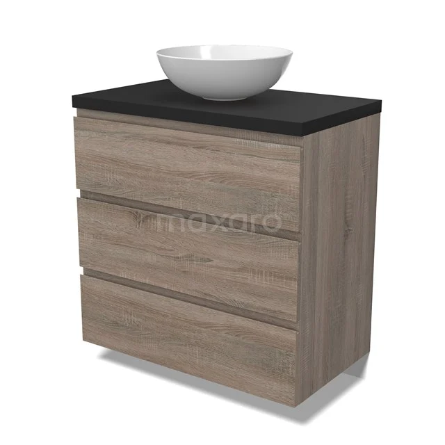 Modulo Plato Vanity units for countertop basin | 80 cm Oak Handle-less front Matte black worktop 3 drawers BMK19-01471