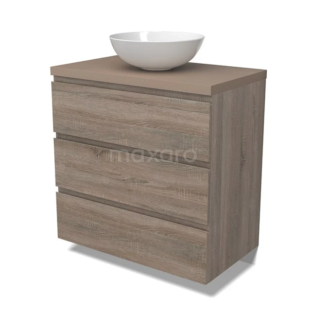 Modulo Plato Vanity units for countertop basin | 80 cm Oak Handle-less front Taupe worktop 3 drawers BMK19-01472