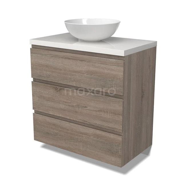 Modulo Plato Vanity units for countertop basin | 80 cm Oak Handle-less front High-gloss white worktop 3 drawers BMK19-01474