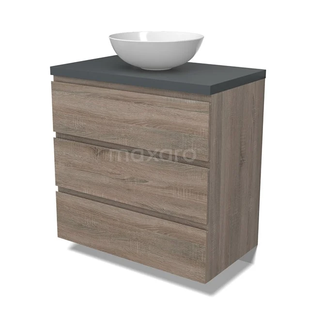 Modulo Plato Badmöbel mit Aufsatzwaschbecken | 80 cm Eiche Grifflos front Dunkelgrau blatt 3 Schubladen BMK19-01476