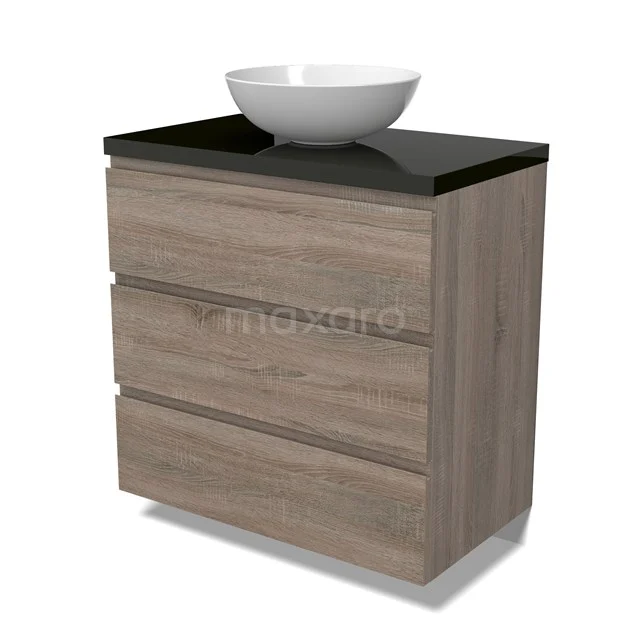 Modulo Plato Vanity units for countertop basin | 80 cm Oak Handle-less front High-gloss black worktop 3 drawers BMK19-01477
