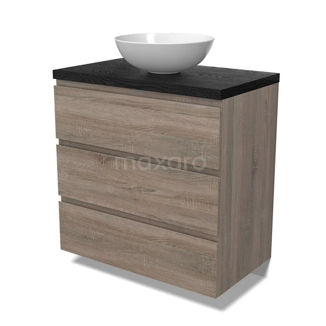 Modulo Plato Badmöbel mit Aufsatzwaschbecken | 80 cm Eiche Grifflos front Schwarze Eiche blatt 3 Schubladen BMK19-01479