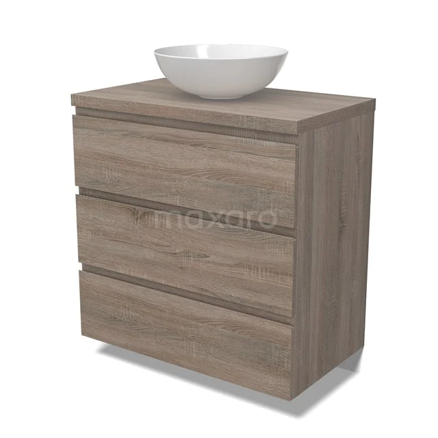 Modulo Plato Badmöbel mit Aufsatzwaschbecken | 80 cm Eiche Grifflos front Eiche blatt 3 Schubladen BMK19-01480