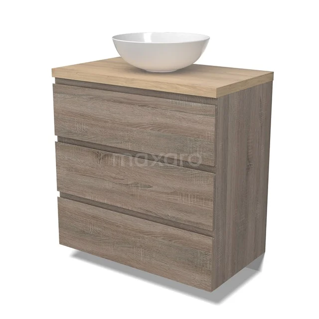 Modulo Plato Badmöbel mit Aufsatzwaschbecken | 80 cm Eiche Grifflos front Hellbraune Eiche blatt 3 Schubladen BMK19-01482