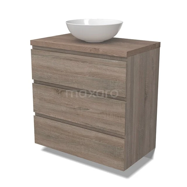 Modulo Plato Badmöbel mit Aufsatzwaschbecken | 80 cm Eiche Grifflos front Mittelbraune Eiche blatt 3 Schubladen BMK19-01483