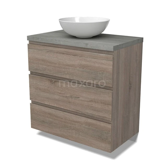 Modulo Plato Vanity units for countertop basin | 80 cm Oak Handle-less front Grey oak worktop 3 drawers BMK19-01485