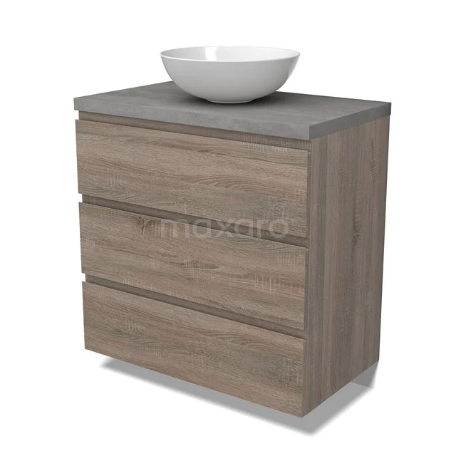 Modulo Plato Vanity units for countertop basin | 80 cm Oak Handle-less front Light grey concrete worktop 3 drawers BMK19-01486