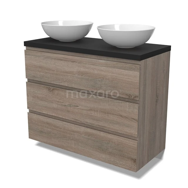 Modulo Plato Badmöbel mit Aufsatzwaschbecken | 100 cm Eiche Grifflos front Matt Schwarz blatt 3 Schubladen BMK19-01488