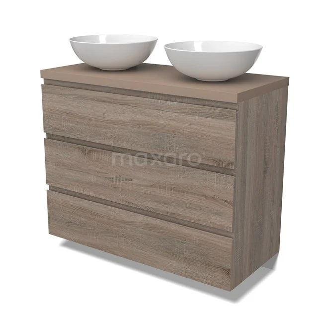 Modulo Plato Badmöbel mit Aufsatzwaschbecken | 100 cm Eiche Grifflos front Taupe blatt 3 Schubladen BMK19-01489