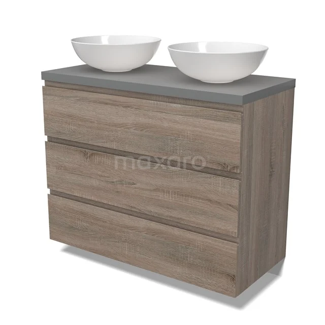 Modulo Plato Badmöbel mit Aufsatzwaschbecken | 100 cm Eiche Grifflos front Mittelgrau blatt 3 Schubladen BMK19-01490