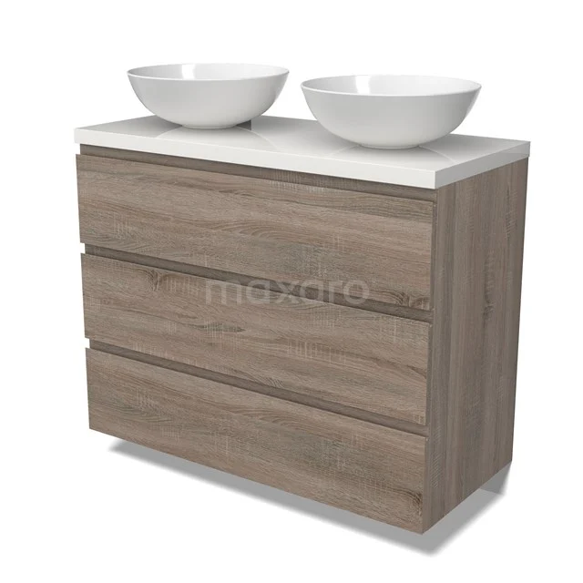 Modulo Plato Vanity units for countertop basin | 100 cm Oak Handle-less front High-gloss white worktop 3 drawers BMK19-01491