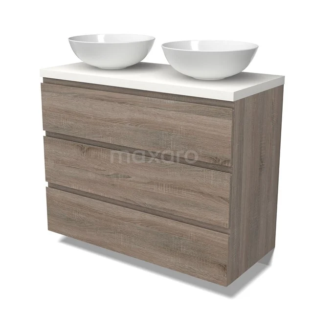 Modulo Plato Vanity units for countertop basin | 100 cm Oak Handle-less front Matte white worktop 3 drawers BMK19-01492