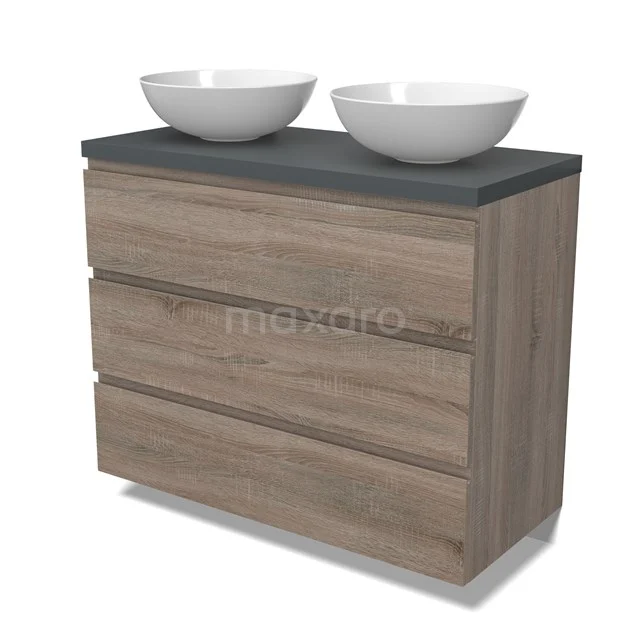 Modulo Plato Badmöbel mit Aufsatzwaschbecken | 100 cm Eiche Grifflos front Dunkelgrau blatt 3 Schubladen BMK19-01493