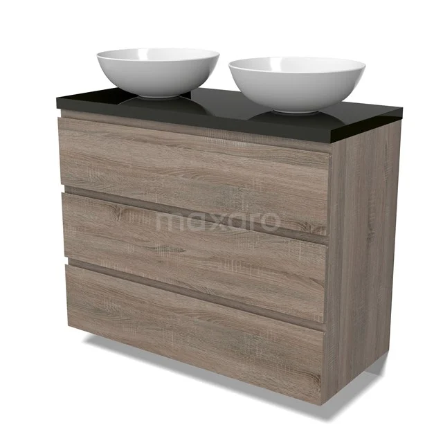 Modulo Plato Badmöbel mit Aufsatzwaschbecken | 100 cm Eiche Grifflos front Hochglanz Schwarz blatt 3 Schubladen BMK19-01494