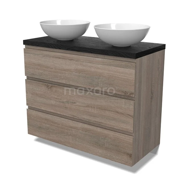Modulo Plato Vanity units for countertop basin | 100 cm Oak Handle-less front Black oak worktop 3 drawers BMK19-01496