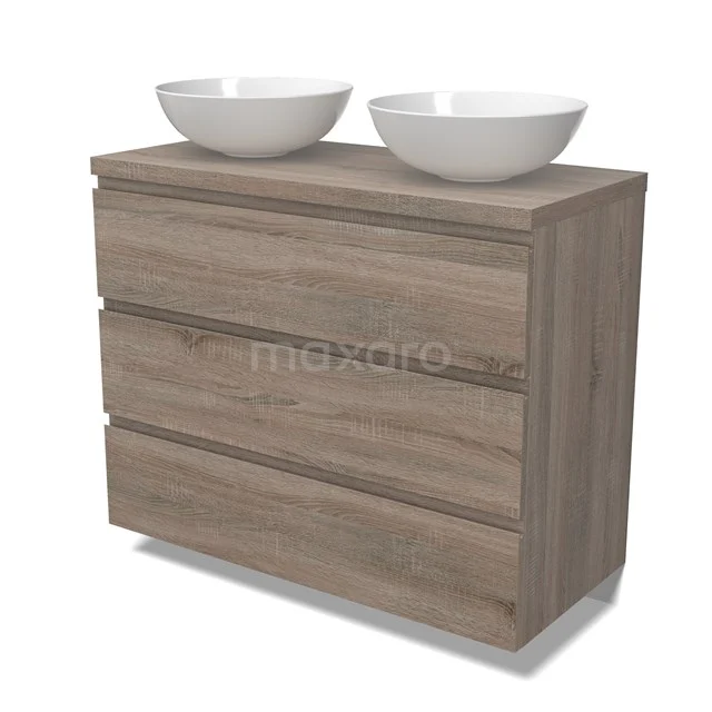 Modulo Plato Badmöbel mit Aufsatzwaschbecken | 100 cm Eiche Grifflos front Eiche blatt 3 Schubladen BMK19-01497