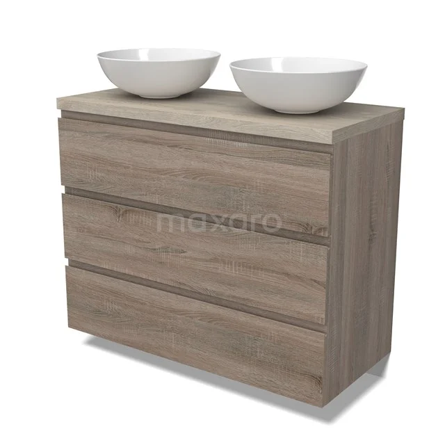 Modulo Plato Badmöbel mit Aufsatzwaschbecken | 100 cm Eiche Grifflos front Hellgraue Eiche blatt 3 Schubladen BMK19-01498