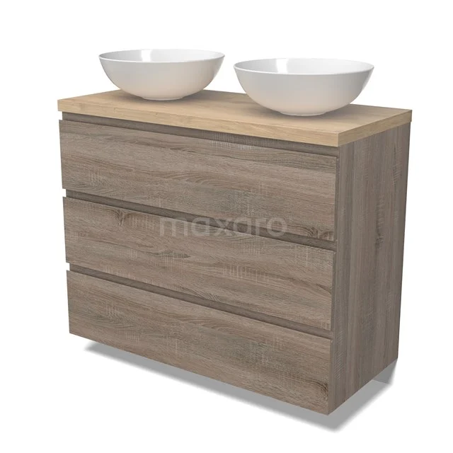 Modulo Plato Vanity units for countertop basin | 100 cm Oak Handle-less front Light brown oak worktop 3 drawers BMK19-01499