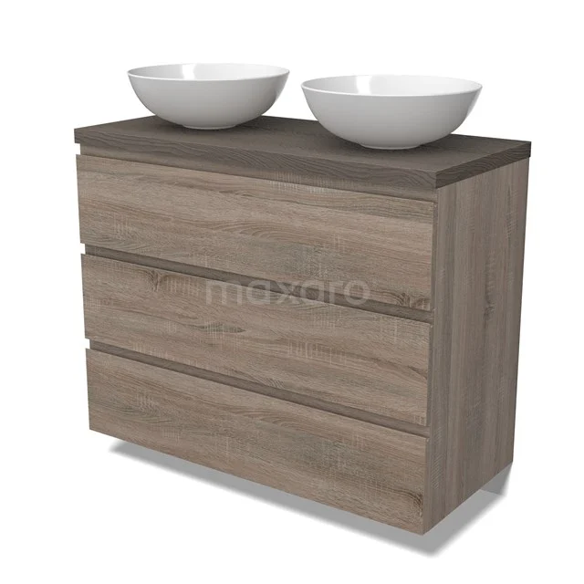Modulo Plato Vanity units for countertop basin | 100 cm Oak Handle-less front Dark brown oak worktop 3 drawers BMK19-01501
