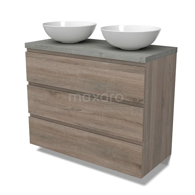 Modulo Plato Vanity units for countertop basin | 100 cm Oak Handle-less front Grey oak worktop 3 drawers BMK19-01502