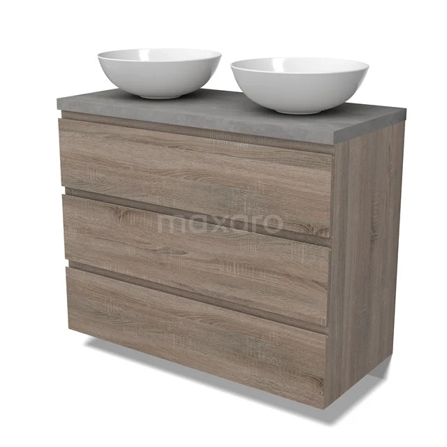 Modulo Plato Badmöbel mit Aufsatzwaschbecken | 100 cm Eiche Grifflos front Hellgrauer Beton blatt 3 Schubladen BMK19-01503