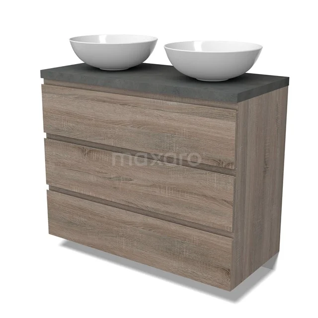 Modulo Plato Vanity units for countertop basin | 100 cm Oak Handle-less front Dark grey concrete worktop 3 drawers BMK19-01504